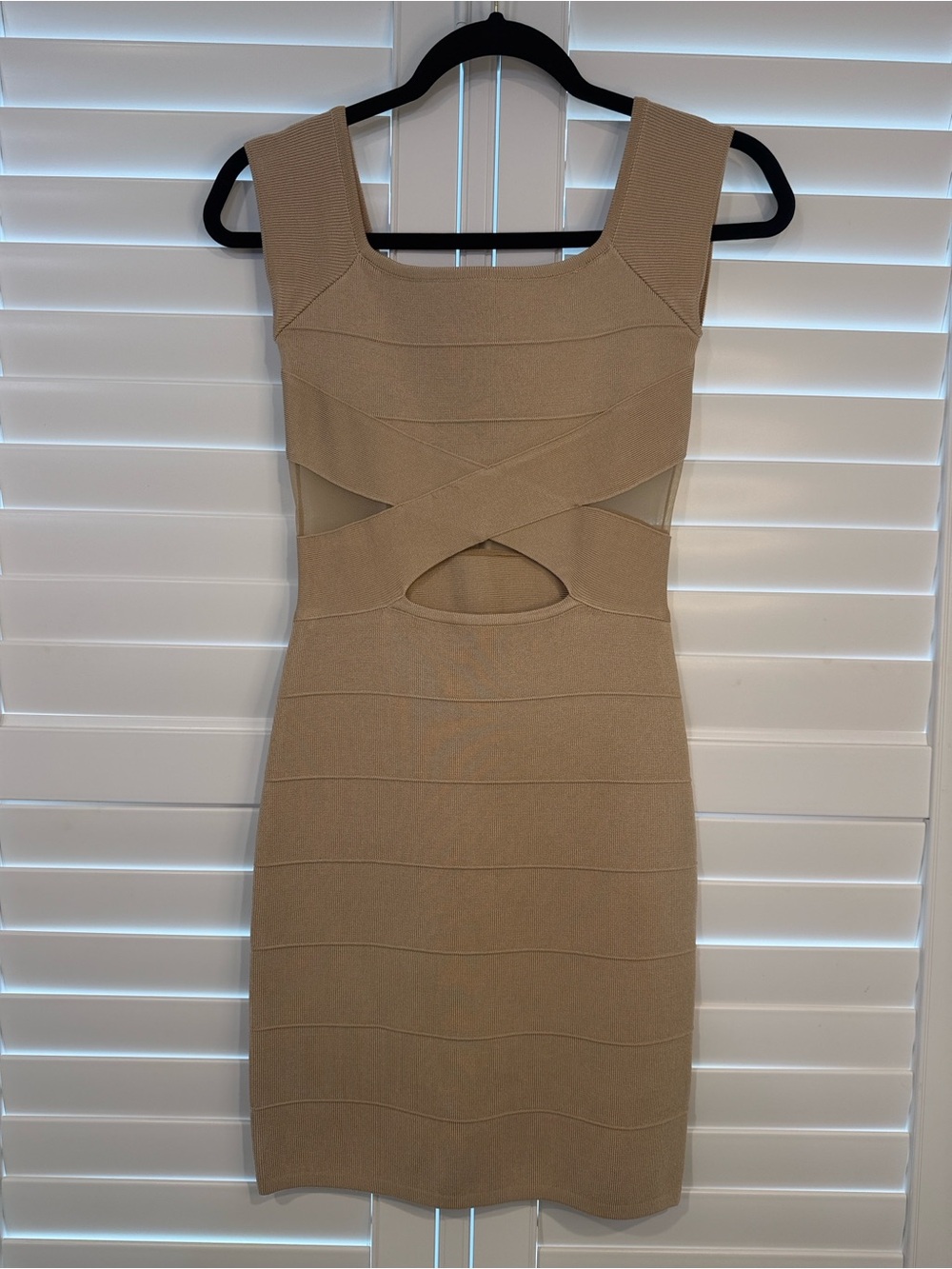 Bebe Creamy/Beige Cutout Bodycon Dress